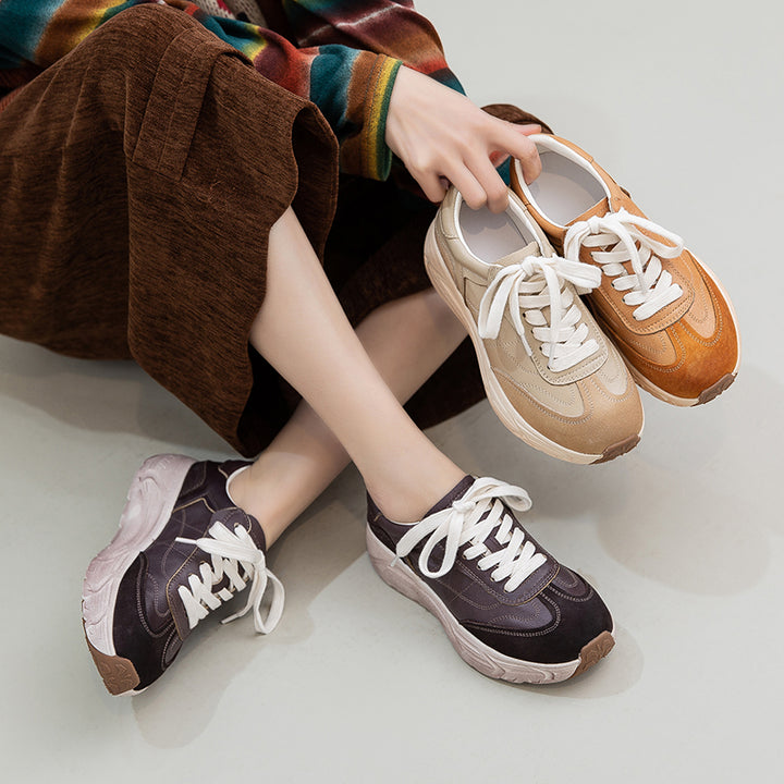 Retro Color-Blocked Platform Dad Sneakers Chunky Leather German Trainers in Apricot/Purple/Yellow