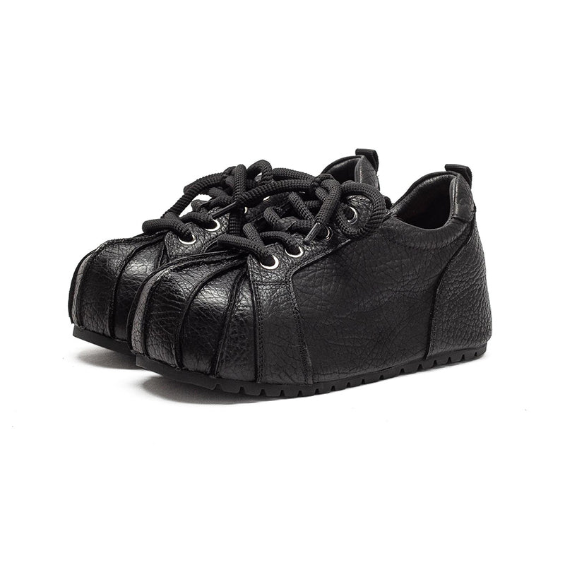 Baskets à Bout Coquille à Plateforme, Chaussures Décontractées en Cuir Plein Grain avec Talon Caché en Noir/Rouge