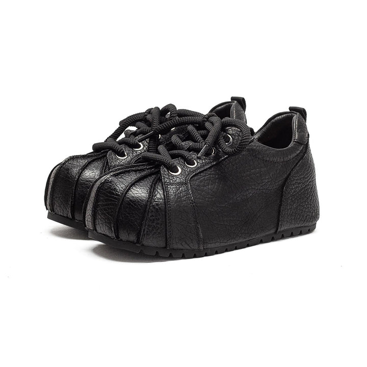Baskets à Bout Coquille à Plateforme, Chaussures Décontractées en Cuir Plein Grain avec Talon Caché en Noir/Rouge