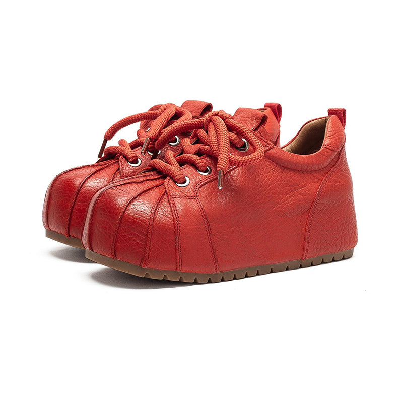 Baskets à Bout Coquille à Plateforme, Chaussures Décontractées en Cuir Plein Grain avec Talon Caché en Noir/Rouge