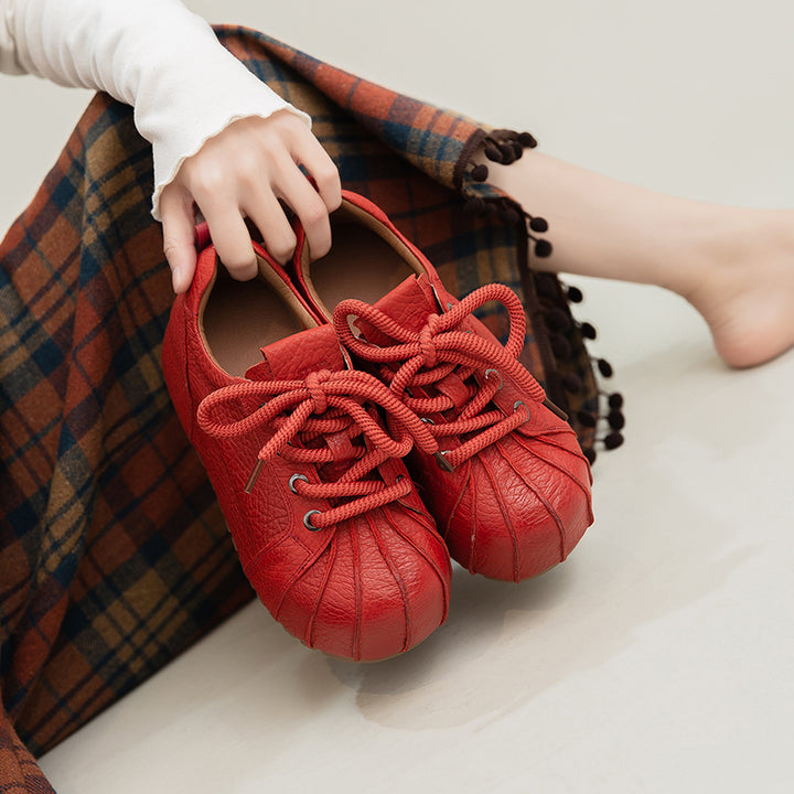 Baskets à Bout Coquille à Plateforme, Chaussures Décontractées en Cuir Plein Grain avec Talon Caché en Noir/Rouge