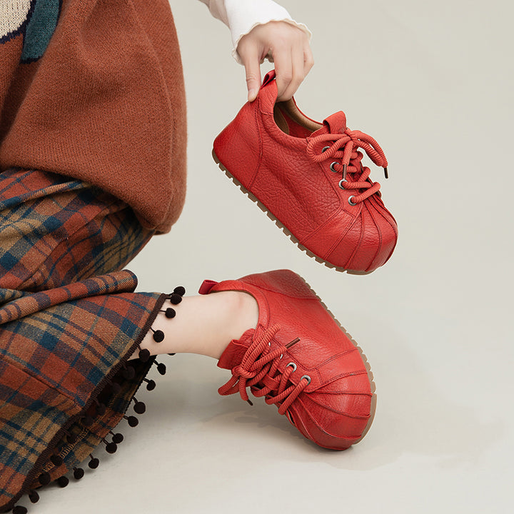 Baskets à Bout Coquille à Plateforme, Chaussures Décontractées en Cuir Plein Grain avec Talon Caché en Noir/Rouge