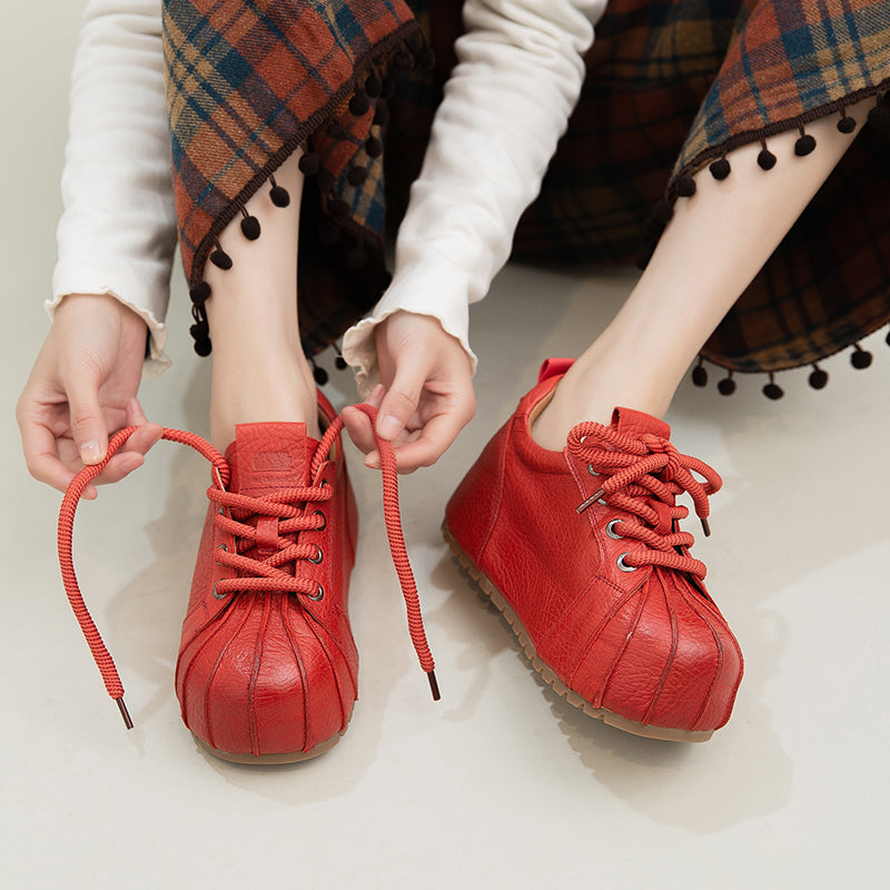Baskets à Bout Coquille à Plateforme, Chaussures Décontractées en Cuir Plein Grain avec Talon Caché en Noir/Rouge