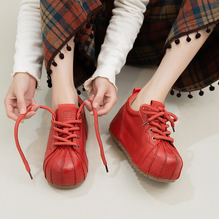 Baskets à Bout Coquille à Plateforme, Chaussures Décontractées en Cuir Plein Grain avec Talon Caché en Noir/Rouge