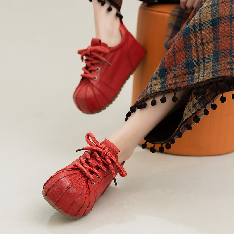 Baskets à Bout Coquille à Plateforme, Chaussures Décontractées en Cuir Plein Grain avec Talon Caché en Noir/Rouge