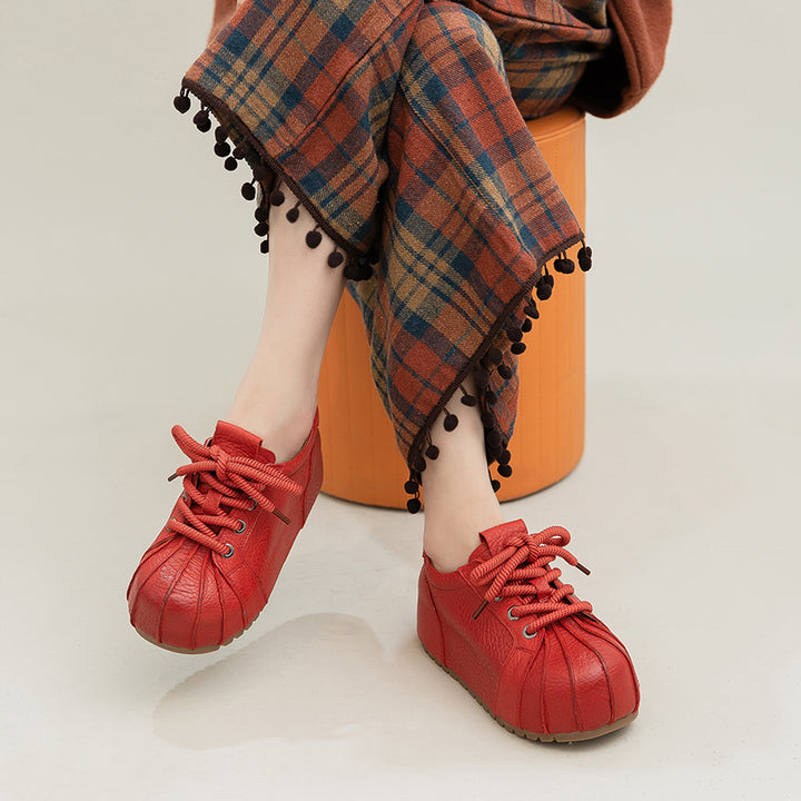 Baskets à Bout Coquille à Plateforme, Chaussures Décontractées en Cuir Plein Grain avec Talon Caché en Noir/Rouge