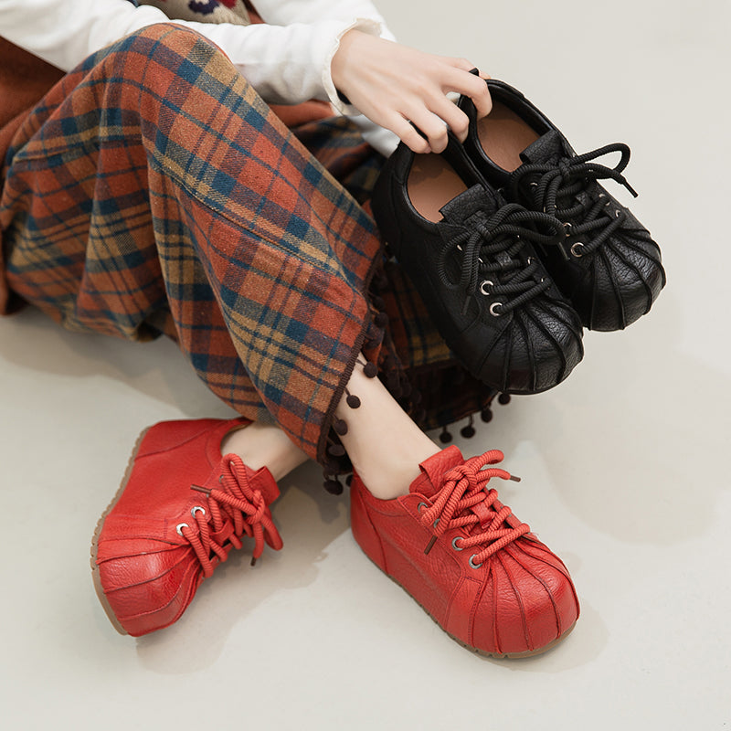 Baskets à Bout Coquille à Plateforme, Chaussures Décontractées en Cuir Plein Grain avec Talon Caché en Noir/Rouge