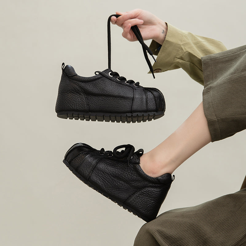 Baskets à Bout Coquille à Plateforme, Chaussures Décontractées en Cuir Plein Grain avec Talon Caché en Noir/Rouge