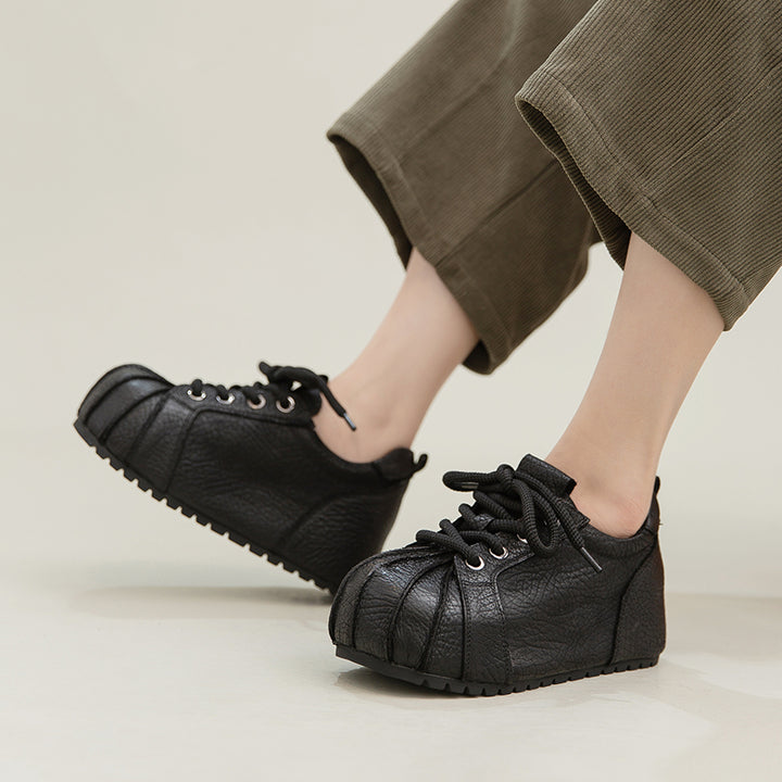Baskets à Bout Coquille à Plateforme, Chaussures Décontractées en Cuir Plein Grain avec Talon Caché en Noir/Rouge