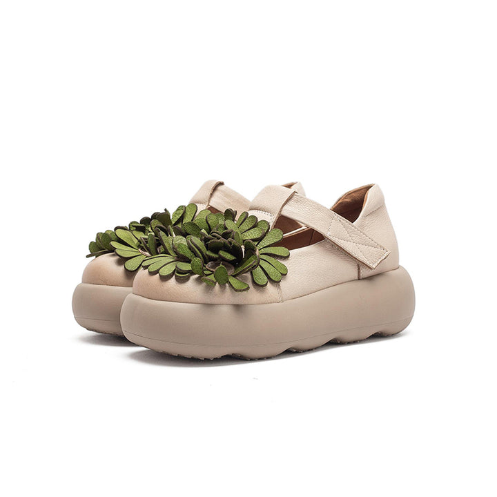 Chaussures à Plateforme Mary Jane Florales, Chaussures Décontractées en Cuir de Vache de Première Couche en 3 Couleurs