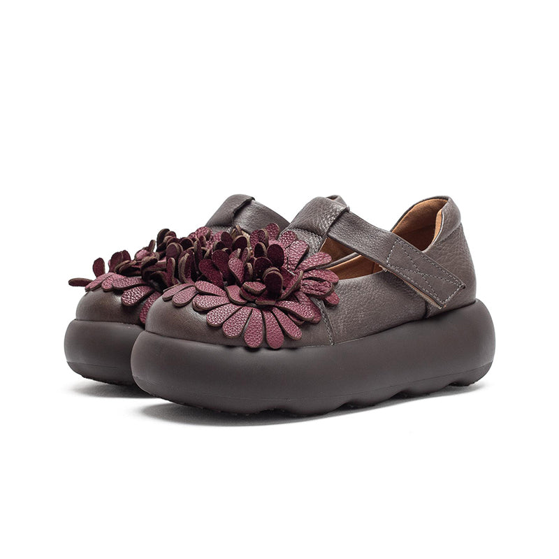 Chaussures à Plateforme Mary Jane Florales, Chaussures Décontractées en Cuir de Vache de Première Couche en 3 Couleurs