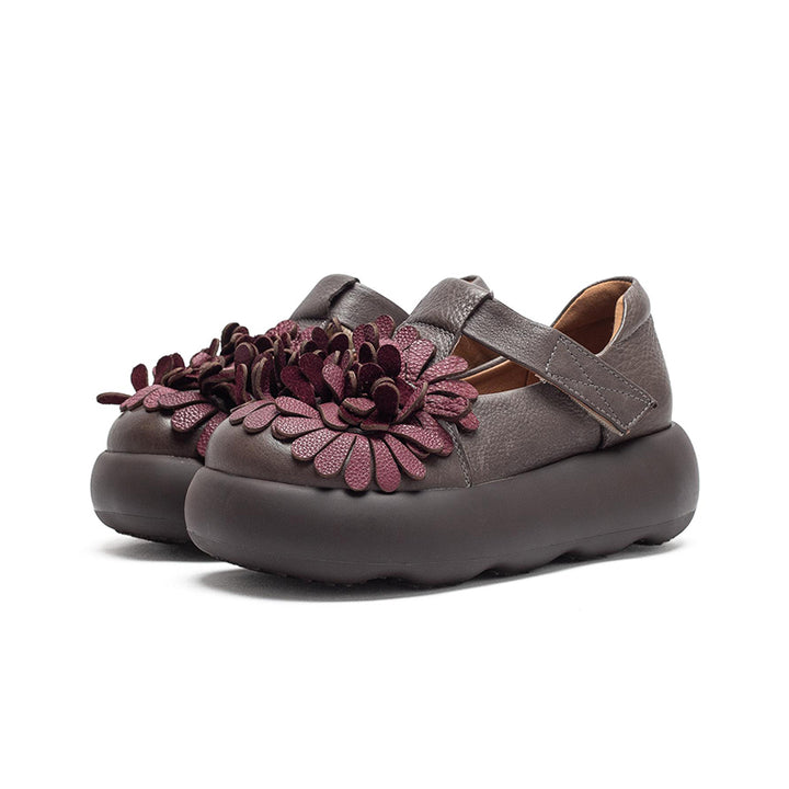 Chaussures à Plateforme Mary Jane Florales, Chaussures Décontractées en Cuir de Vache de Première Couche en 3 Couleurs