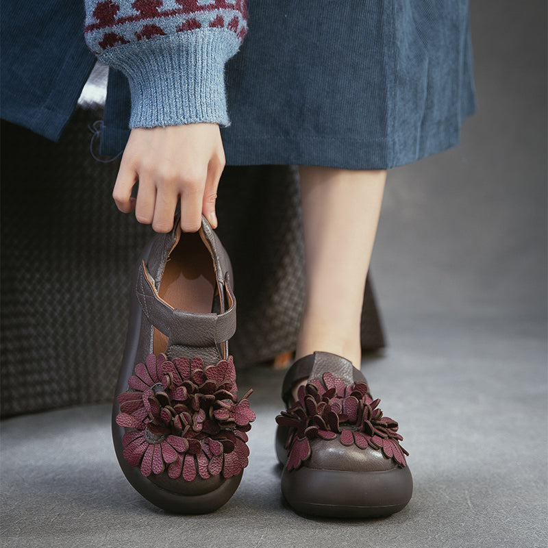Chaussures à Plateforme Mary Jane Florales, Chaussures Décontractées en Cuir de Vache de Première Couche en 3 Couleurs