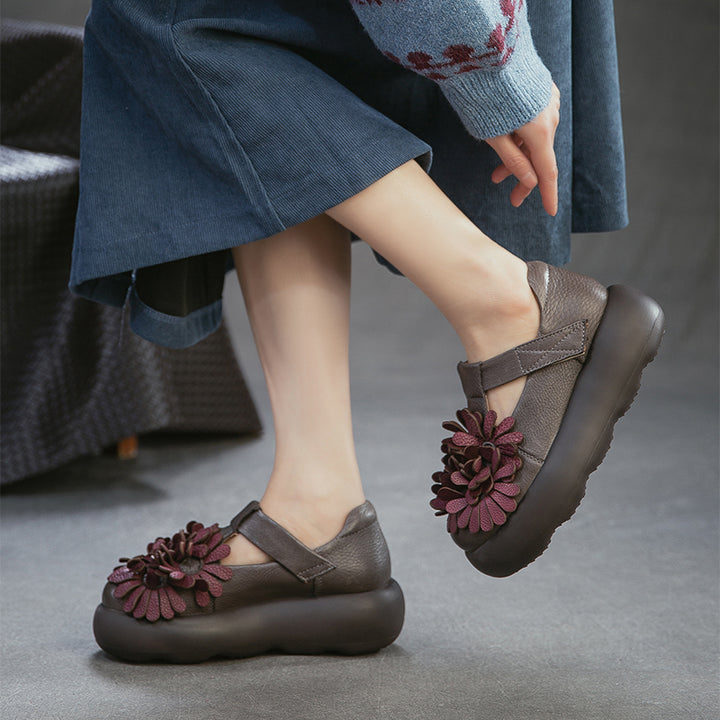 Chaussures à Plateforme Mary Jane Florales, Chaussures Décontractées en Cuir de Vache de Première Couche en 3 Couleurs