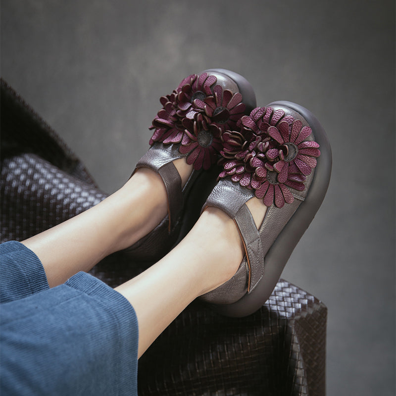 Chaussures à Plateforme Mary Jane Florales, Chaussures Décontractées en Cuir de Vache de Première Couche en 3 Couleurs