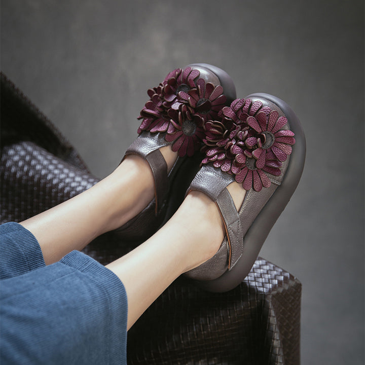 Chaussures à Plateforme Mary Jane Florales, Chaussures Décontractées en Cuir de Vache de Première Couche en 3 Couleurs