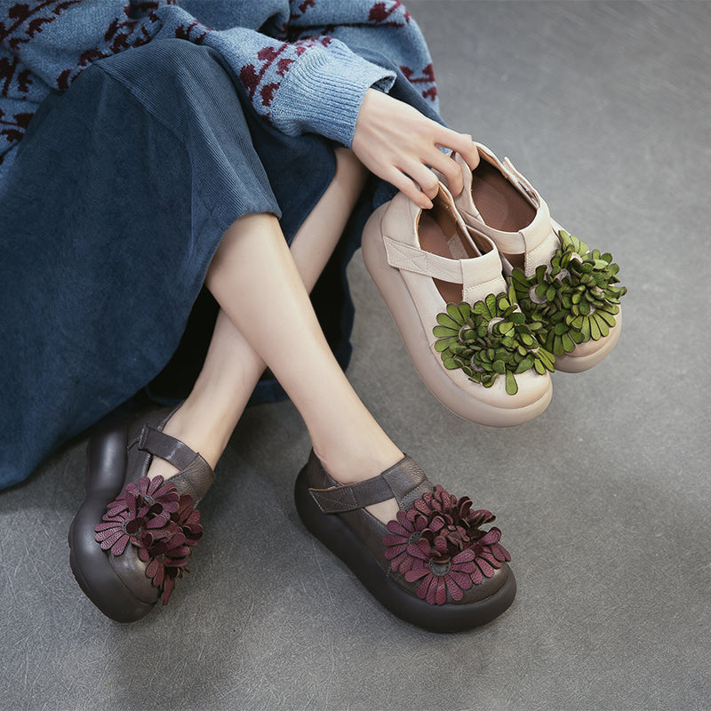 Chaussures à Plateforme Mary Jane Florales, Chaussures Décontractées en Cuir de Vache de Première Couche en 3 Couleurs