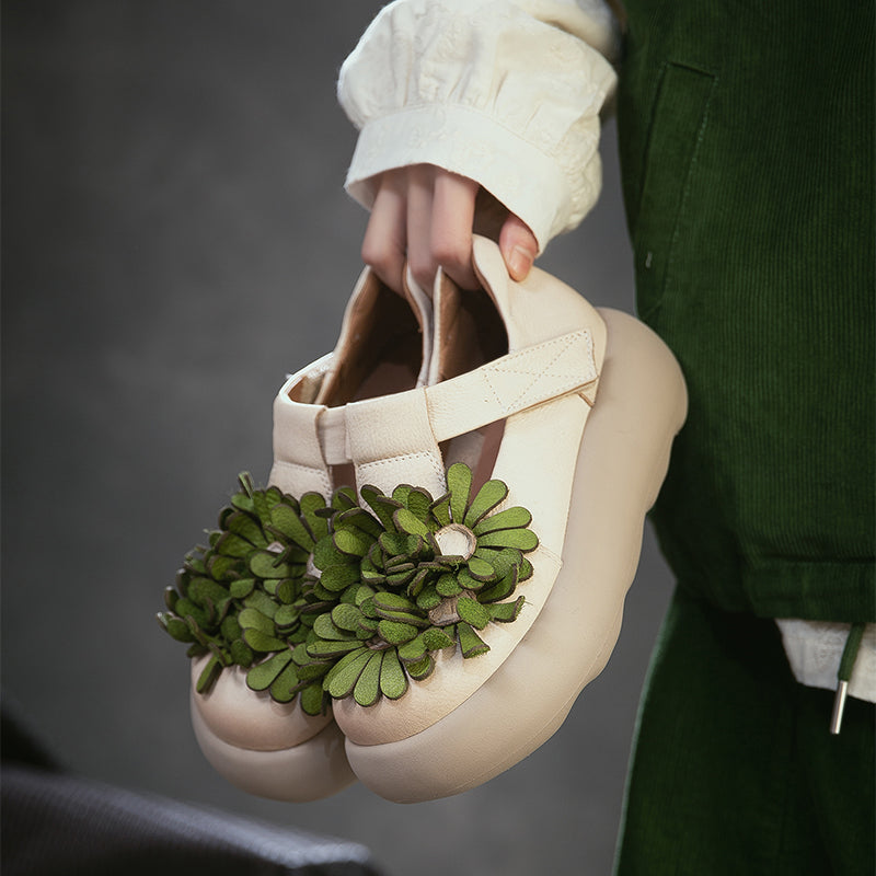 Chaussures à Plateforme Mary Jane Florales, Chaussures Décontractées en Cuir de Vache de Première Couche en 3 Couleurs