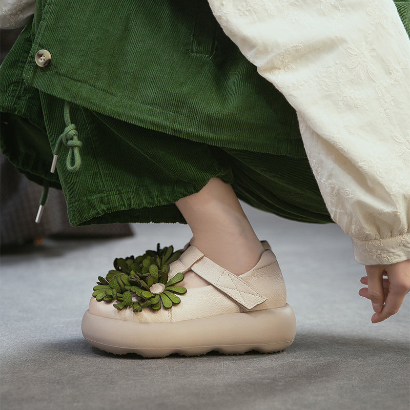 Chaussures à Plateforme Mary Jane Florales, Chaussures Décontractées en Cuir de Vache de Première Couche en 3 Couleurs