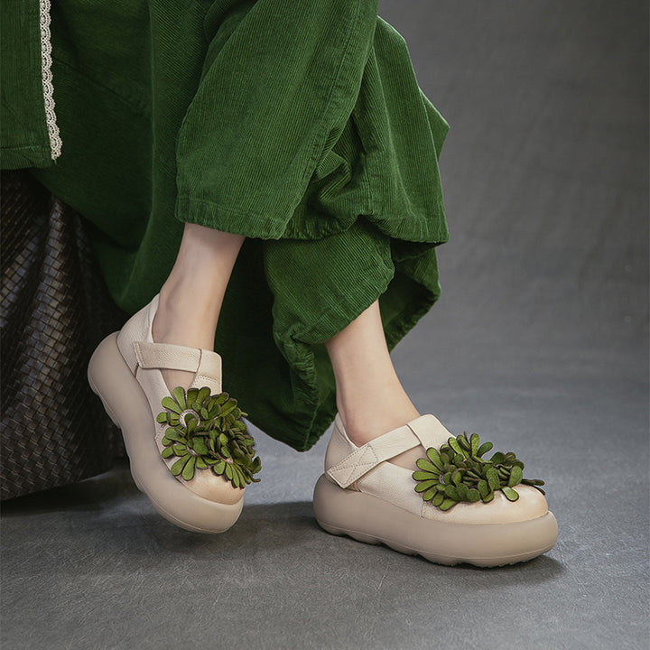 Chaussures à Plateforme Mary Jane Florales, Chaussures Décontractées en Cuir de Vache de Première Couche en 3 Couleurs