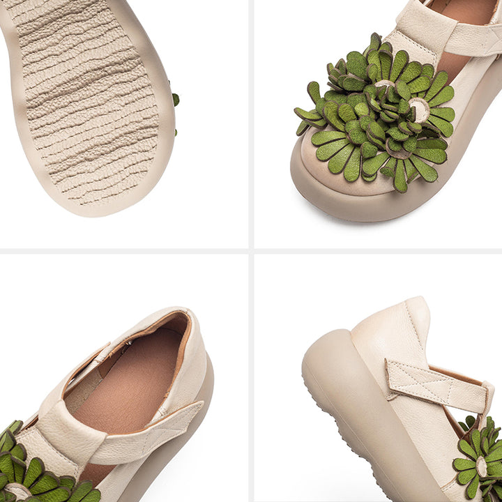 Chaussures à Plateforme Mary Jane Florales, Chaussures Décontractées en Cuir de Vache de Première Couche en 3 Couleurs