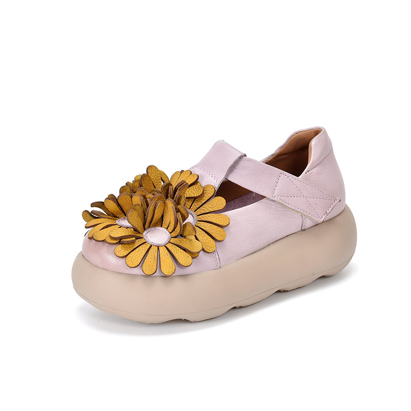 Chaussures à Plateforme Mary Jane Florales, Chaussures Décontractées en Cuir de Vache de Première Couche en 3 Couleurs