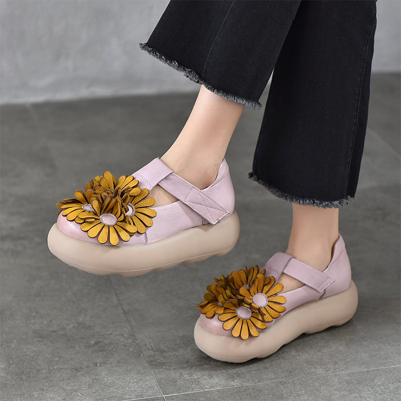 Chaussures à Plateforme Mary Jane Florales, Chaussures Décontractées en Cuir de Vache de Première Couche en 3 Couleurs