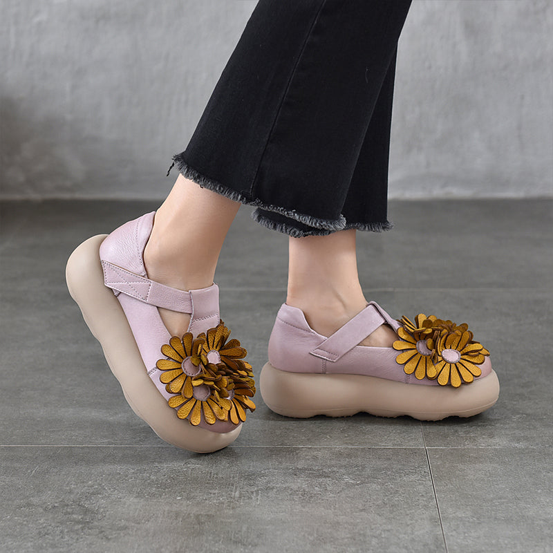 Chaussures à Plateforme Mary Jane Florales, Chaussures Décontractées en Cuir de Vache de Première Couche en 3 Couleurs
