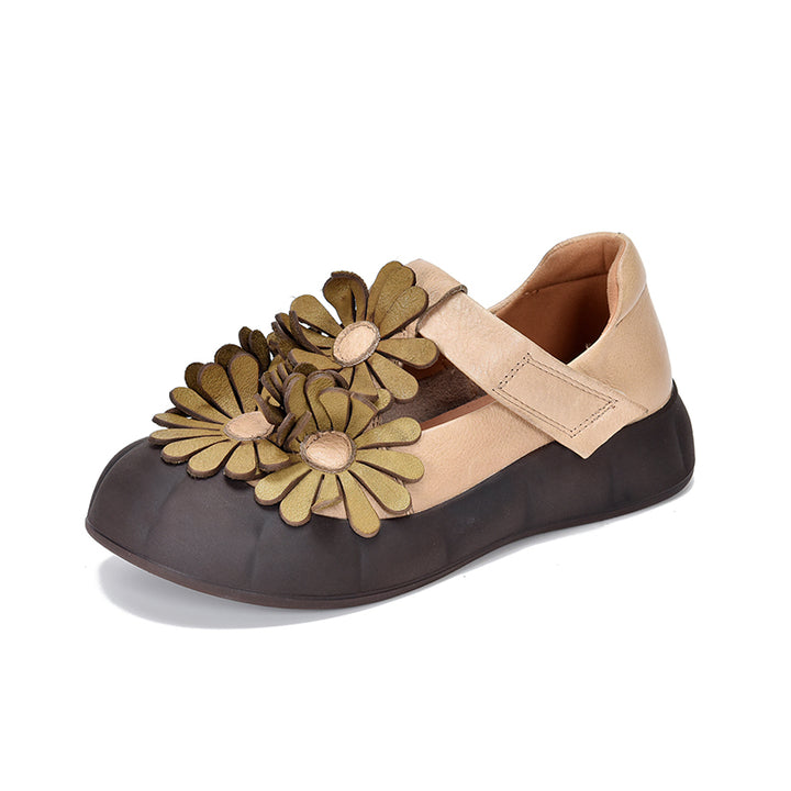 Chaussures à Plateforme Mary Jane Florales, Chaussures Décontractées en Cuir de Vache de Première Couche en 4 Couleurs