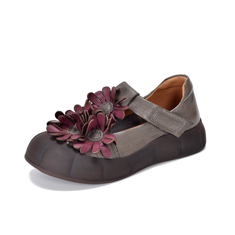Chaussures à Plateforme Mary Jane Florales, Chaussures Décontractées en Cuir de Vache de Première Couche en 4 Couleurs