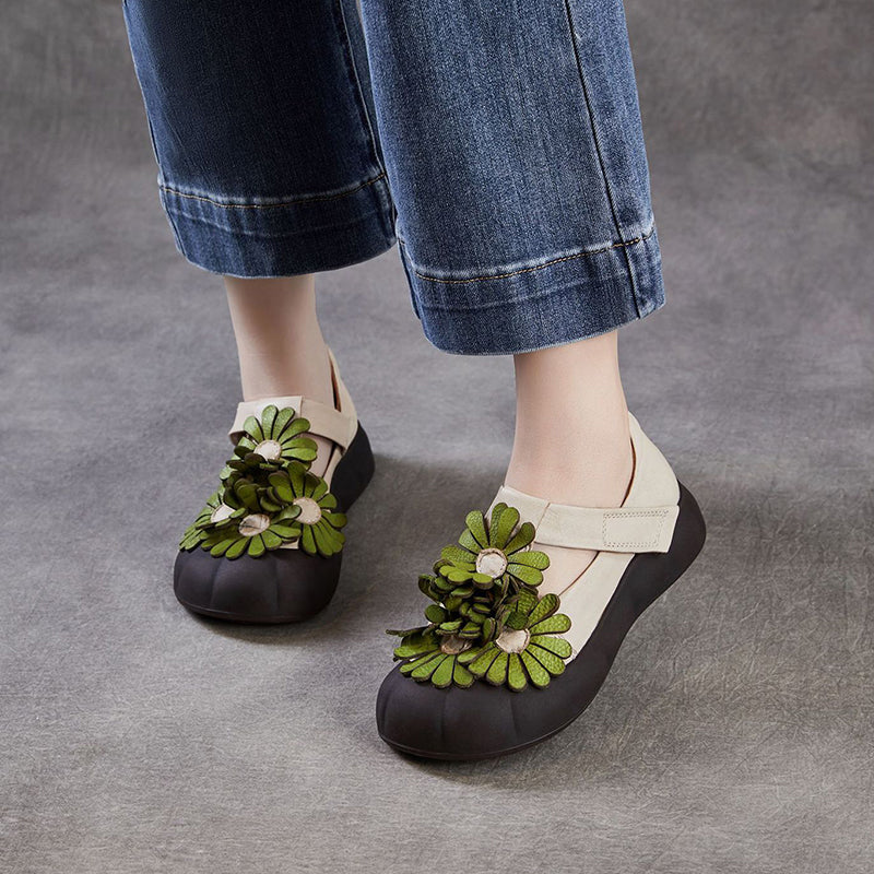 Chaussures à Plateforme Mary Jane Florales, Chaussures Décontractées en Cuir de Vache de Première Couche en 4 Couleurs