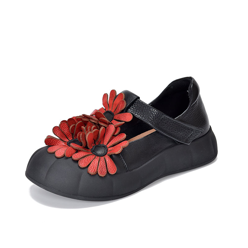 Chaussures à Plateforme Mary Jane Florales, Chaussures Décontractées en Cuir de Vache de Première Couche en 4 Couleurs