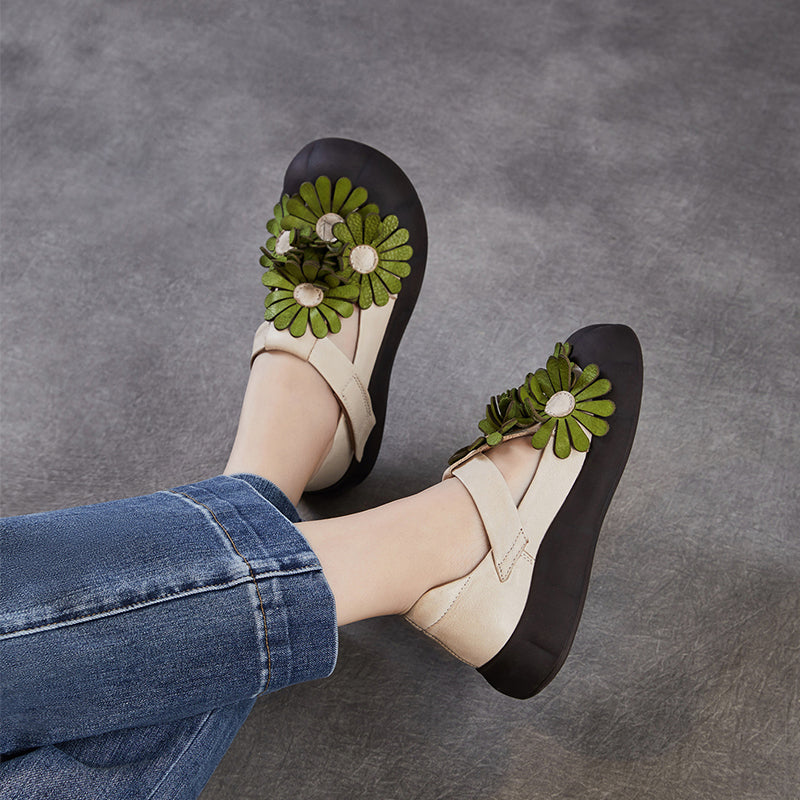 Chaussures à Plateforme Mary Jane Florales, Chaussures Décontractées en Cuir de Vache de Première Couche en 4 Couleurs