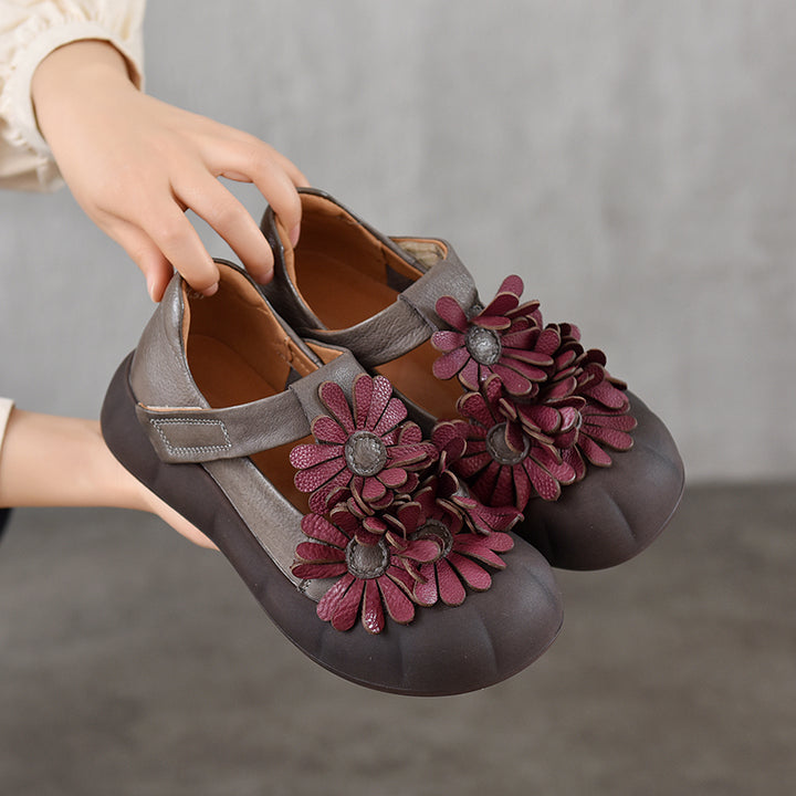 Chaussures à Plateforme Mary Jane Florales, Chaussures Décontractées en Cuir de Vache de Première Couche en 4 Couleurs