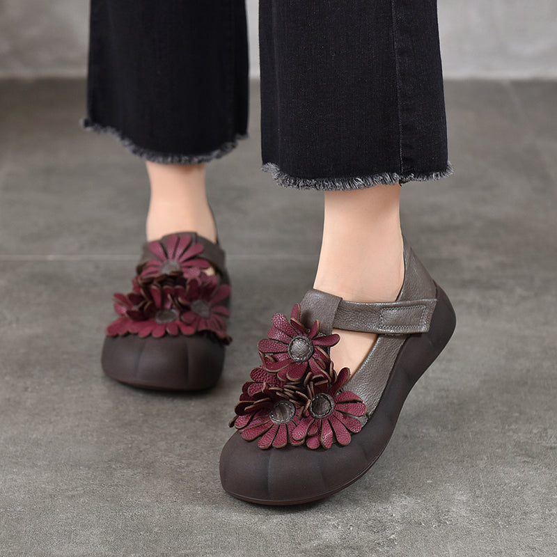 Chaussures à Plateforme Mary Jane Florales, Chaussures Décontractées en Cuir de Vache de Première Couche en 4 Couleurs