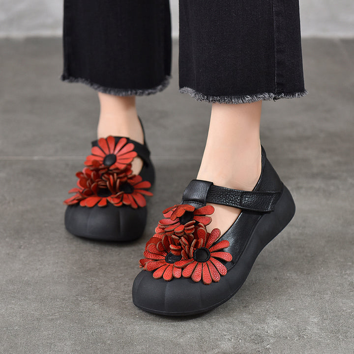 Chaussures à Plateforme Mary Jane Florales, Chaussures Décontractées en Cuir de Vache de Première Couche en 4 Couleurs
