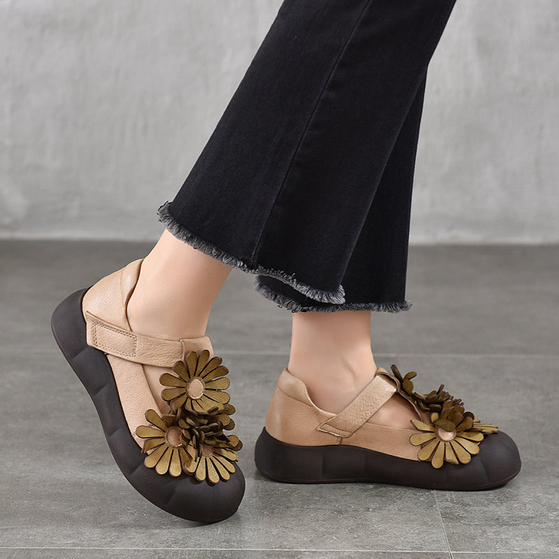 Chaussures à Plateforme Mary Jane Florales, Chaussures Décontractées en Cuir de Vache de Première Couche en 4 Couleurs