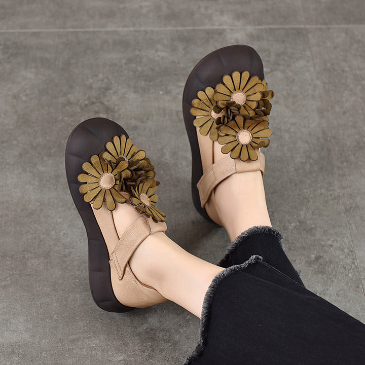 Chaussures à Plateforme Mary Jane Florales, Chaussures Décontractées en Cuir de Vache de Première Couche en 4 Couleurs