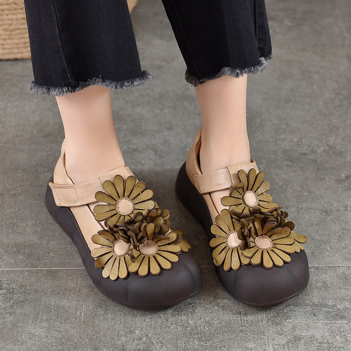 Chaussures à Plateforme Mary Jane Florales, Chaussures Décontractées en Cuir de Vache de Première Couche en 4 Couleurs