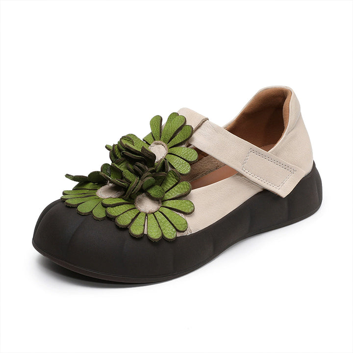 Chaussures à Plateforme Mary Jane Florales, Chaussures Décontractées en Cuir de Vache de Première Couche en 4 Couleurs