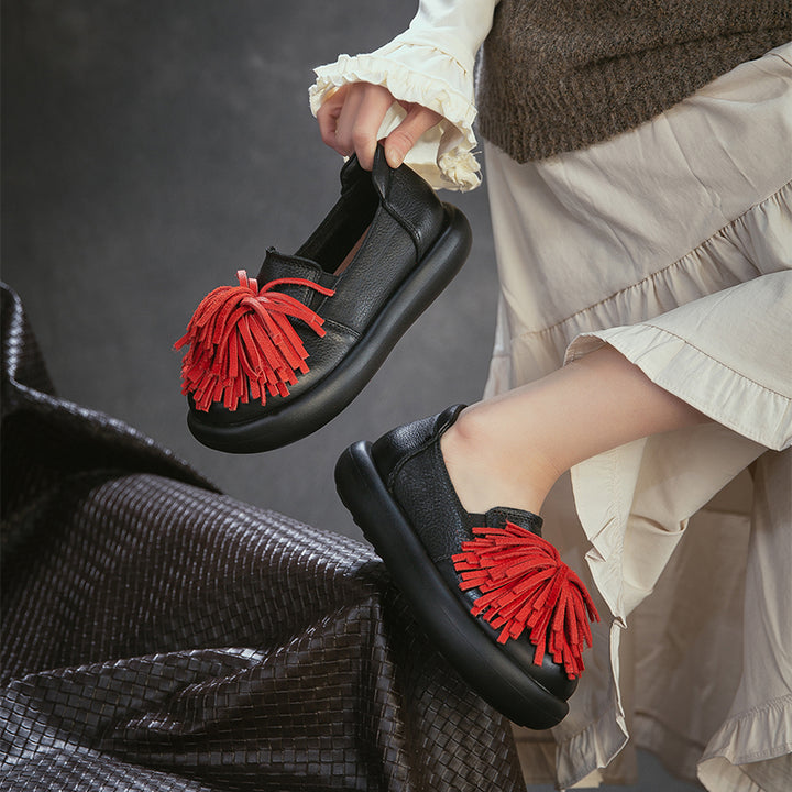 Mocassins à Plateforme en Cuir avec Franges pour Femmes, Chaussures Décontractées en 3 Couleurs