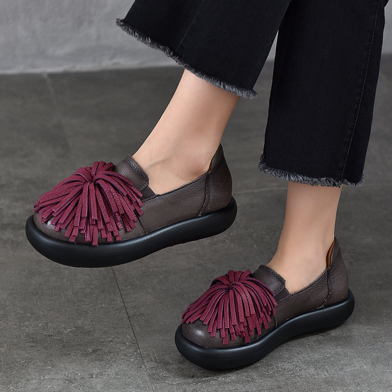 Mocassins à Plateforme en Cuir avec Franges pour Femmes, Chaussures Décontractées en 3 Couleurs