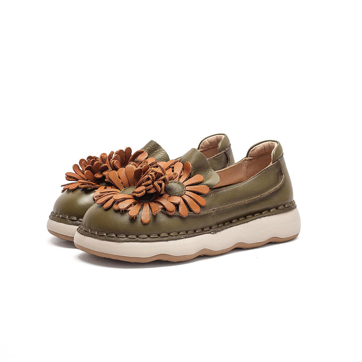 Mocassins à Plateforme en Cuir Floral pour Femmes, Chaussures Décontractées en Vert/Orange