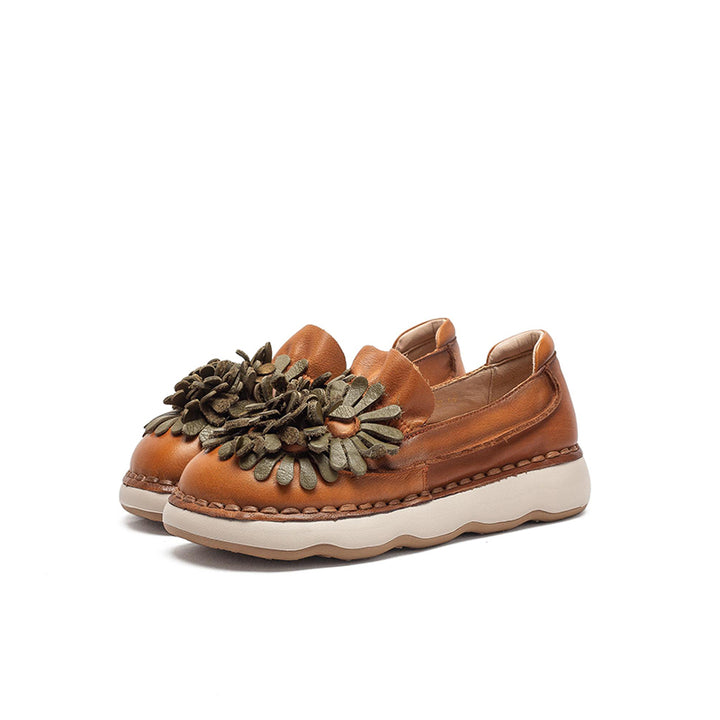 Mocassins à Plateforme en Cuir Floral pour Femmes, Chaussures Décontractées en Vert/Orange