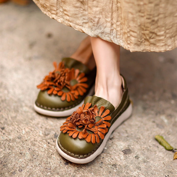 Mocassins à Plateforme en Cuir Floral pour Femmes, Chaussures Décontractées en Vert/Orange