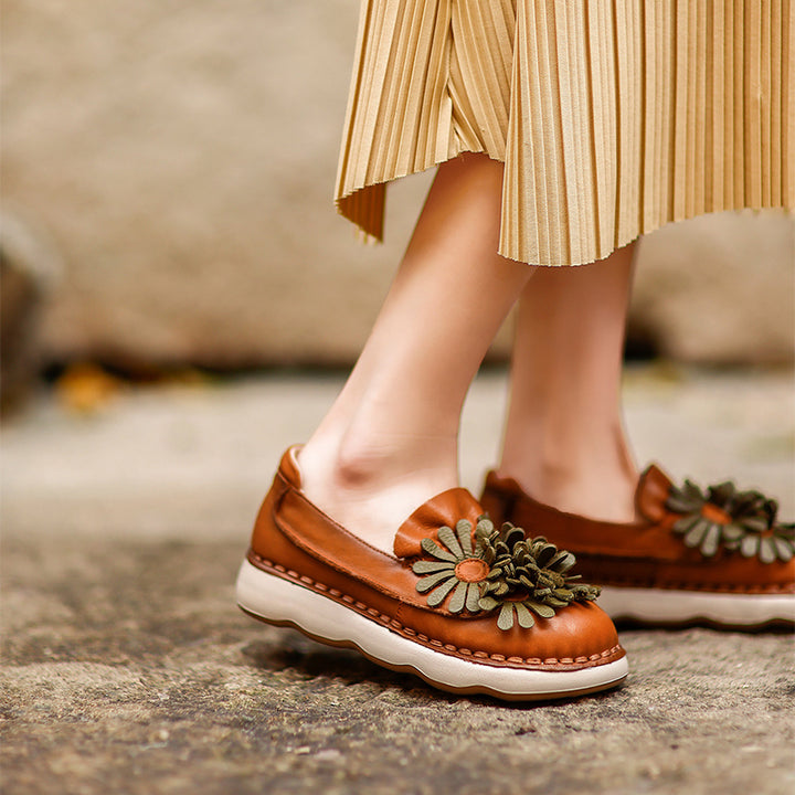 Mocassins à Plateforme en Cuir Floral pour Femmes, Chaussures Décontractées en Vert/Orange