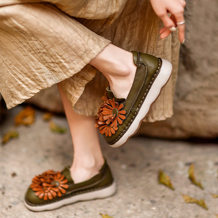 Mocassins à Plateforme en Cuir Floral pour Femmes, Chaussures Décontractées en Vert/Orange