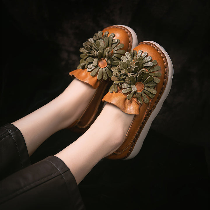 Mocassins à Plateforme en Cuir Floral pour Femmes, Chaussures Décontractées en Vert/Orange