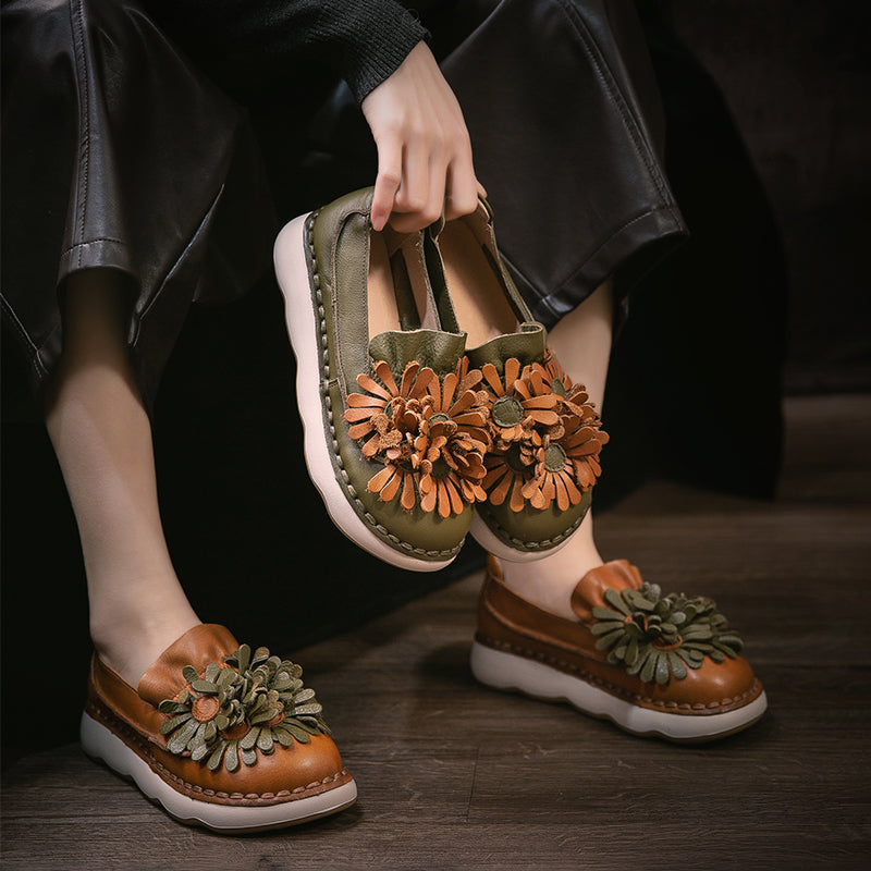 Mocassins à Plateforme en Cuir Floral pour Femmes, Chaussures Décontractées en Vert/Orange