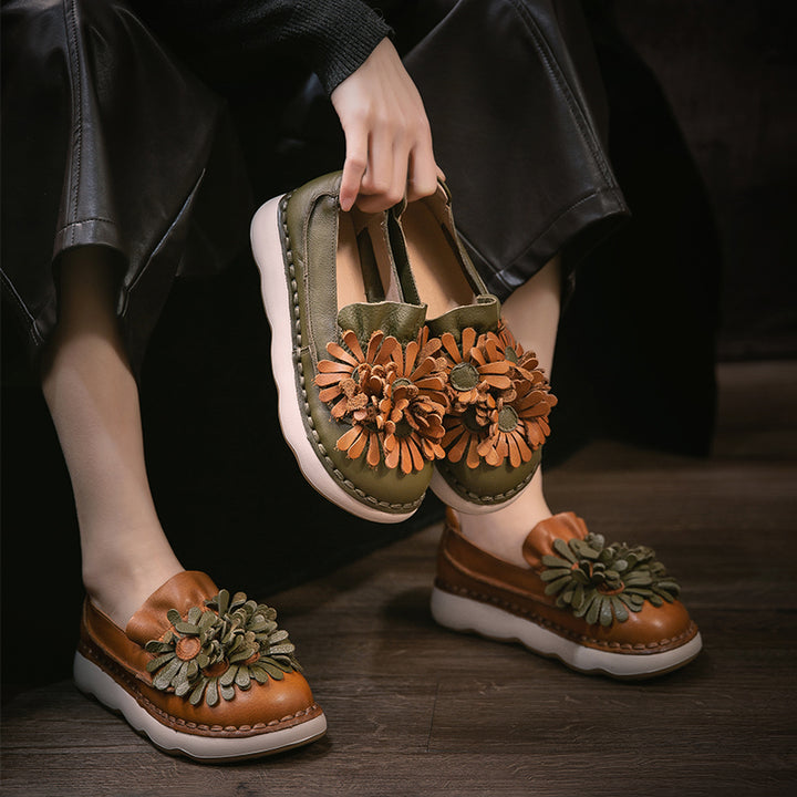 Mocassins à Plateforme en Cuir Floral pour Femmes, Chaussures Décontractées en Vert/Orange